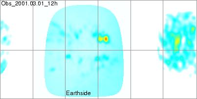 1 Marzo 2001. La zona AR 9393 nella mappa di Carrington del flusso magnetico misurato (Lato Terra) e dedotto con MDI (Lato nascosto) non viene vista. Nascerà a 154 di longitudine e 17N di latitudine, in questa data non vi è alcun segno dell'enorme spot che si formerà di li a poco.